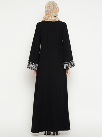 Nabia Women Embroidery Black Solid Abaya Burqa With Black Georgette Scarf