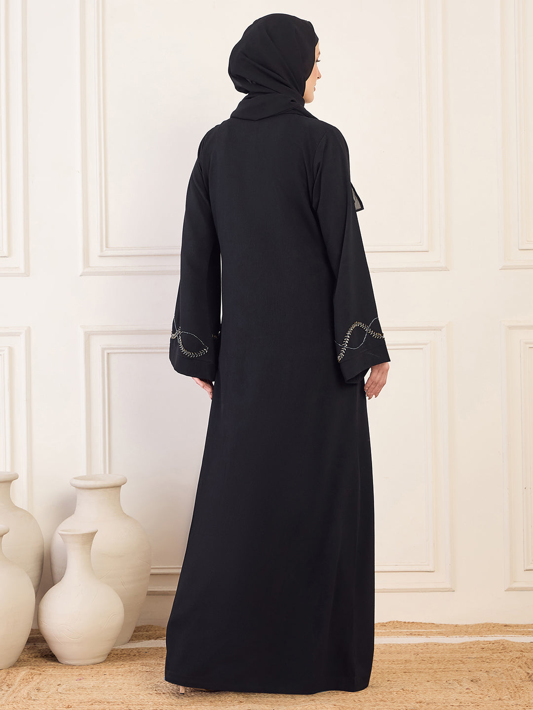 Nabia Black Solid Luxury Abaya Burqa Handwork Detailing & Bell Sleeves for Women with Black Hijab