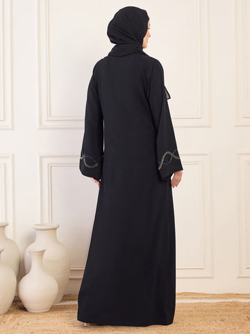 Nabia Black Solid Luxury Abaya Burqa Handwork Detailing & Bell Sleeves for Women with Black Hijab