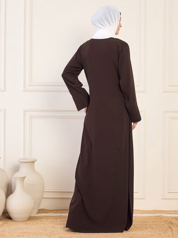 Nabia Women Brown and Beige Solid Shrug Attached Casual Abaya With White Georgette Hijab