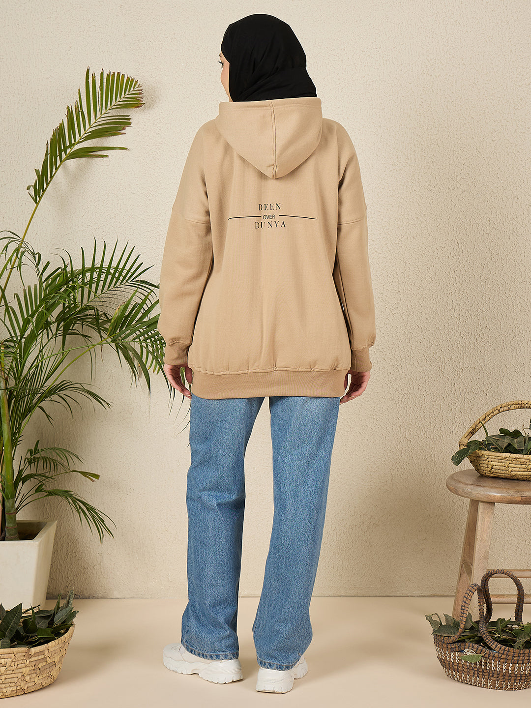 Women's Modest Beige Fleece Deen Over Dunya Winter Hoodie