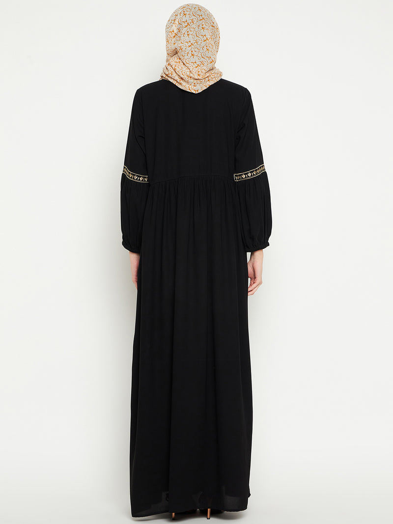 Nabia Women Embroidery Black Solid Abaya Burqa With Black Georgette Scarf