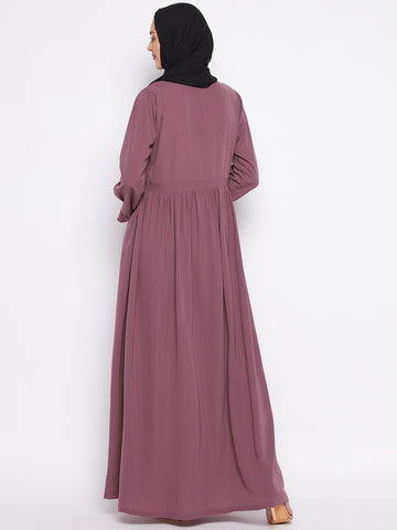 Nabia Puce Pink Solid Abaya for Women with Georgette Scarf