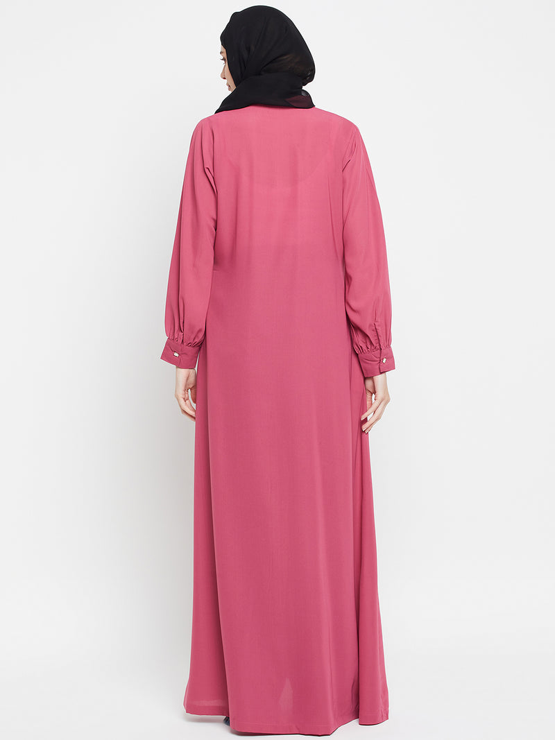 Nabia Pink Nida Mate Fabric Front Open  Abaya With Georgette Scarf