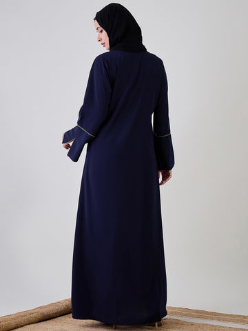 Nabia Women Front Open Embroidery Detailing Blue Abaya Burqa With Black Georgette Hijab