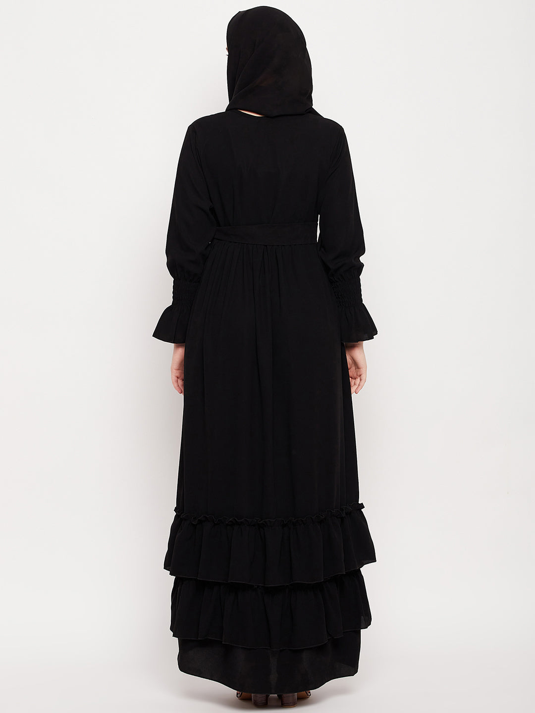 Nabia Women Black Frill Nida Matte Fabric Abaya Burqa With Black Georgette Scarf