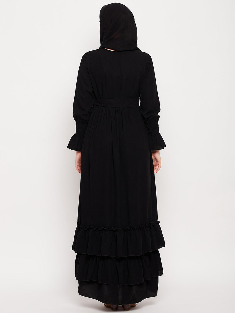 Nabia Women Black Frill Nida Matte Fabric Abaya Burqa With Black Georgette Scarf