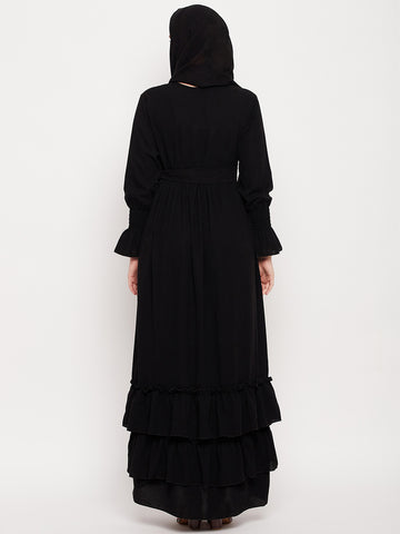 Nabia Women Black Frill Nida Matte Fabric Abaya Burqa With Black Georgette Scarf