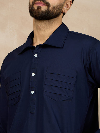 Nabia Blue Cotton Kurta and White Pajama Set for Men