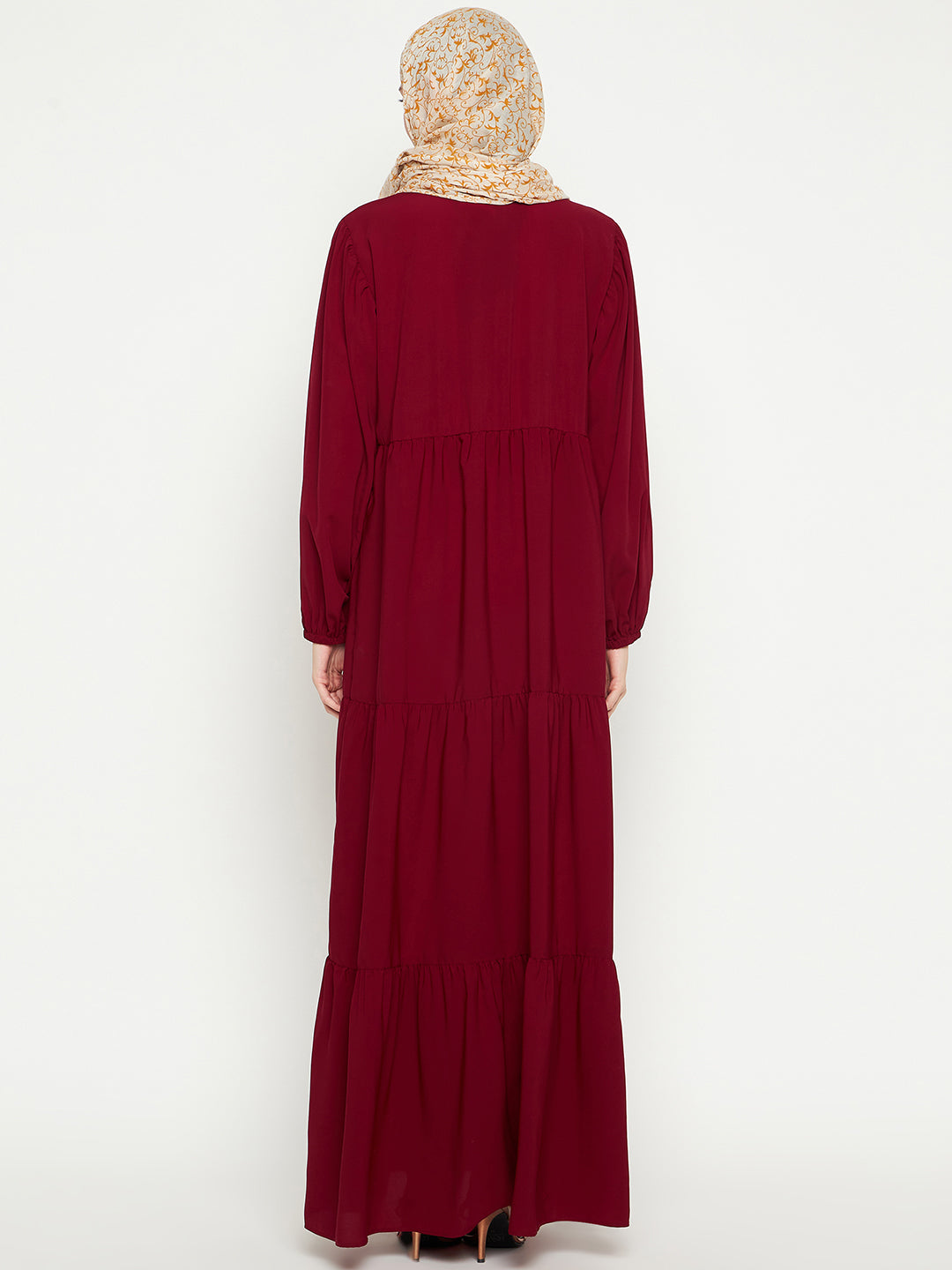 Nabia Women Maroon Solid Frilled Abaya Burqa With Black Georgette Scarf