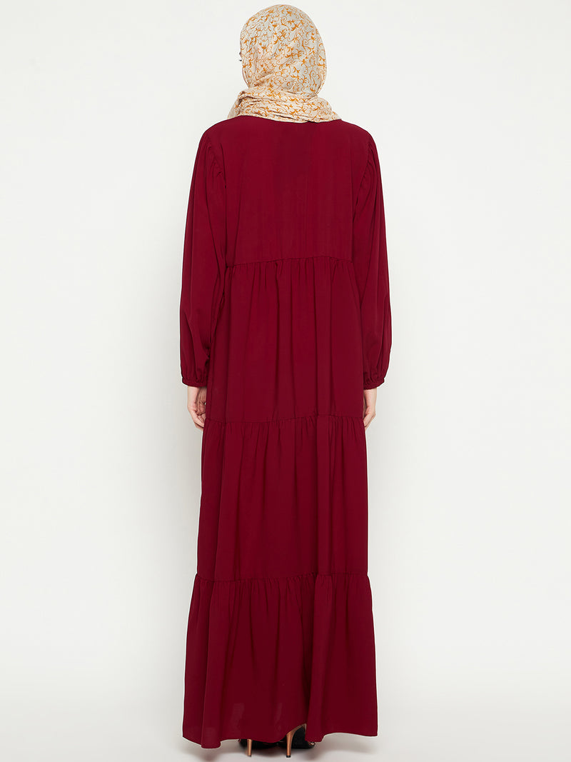 Nabia Women Maroon Solid Frilled Abaya Burqa With Black Georgette Scarf