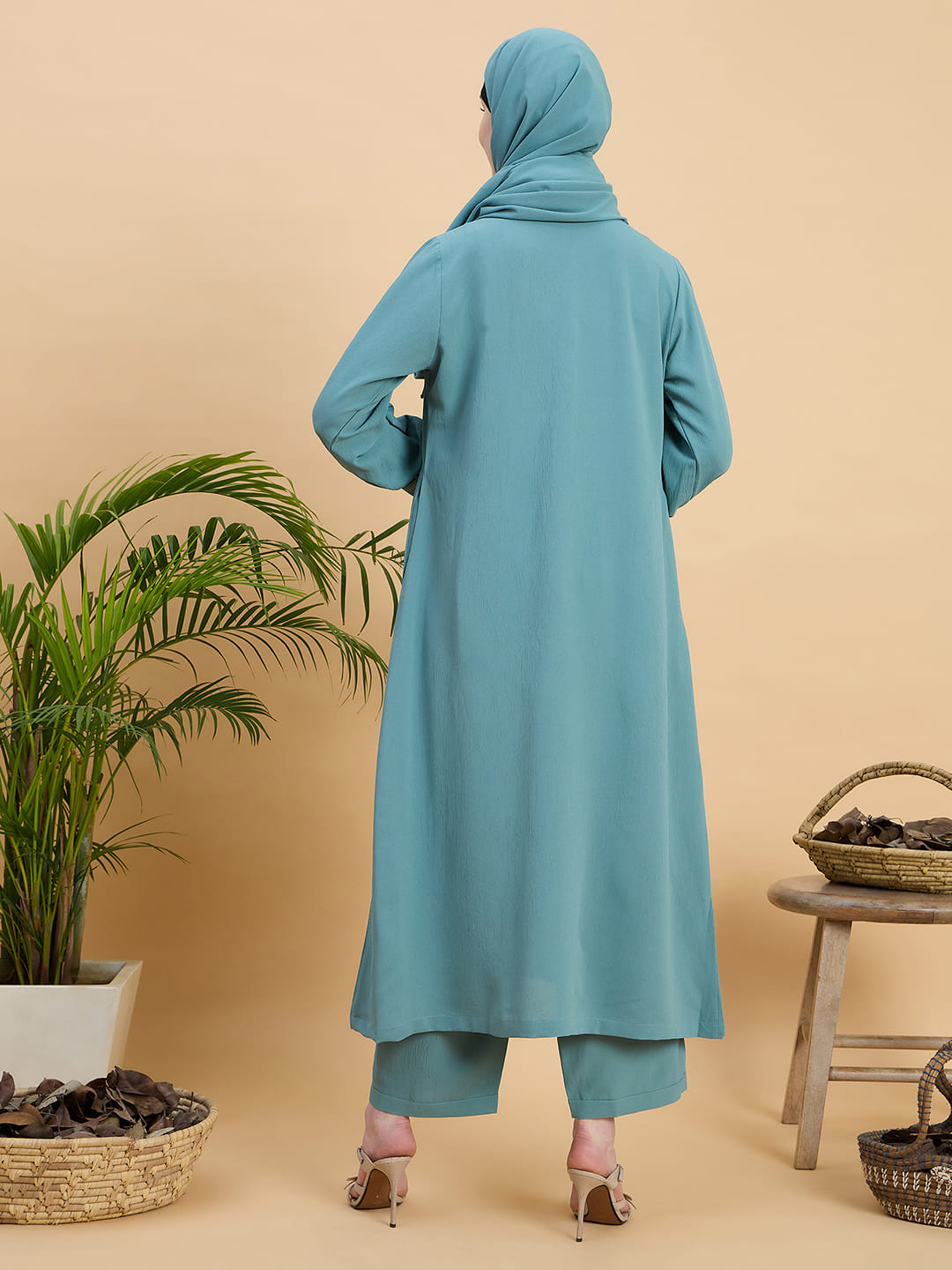 Green Front Open Co-ord Set for Women with Matching Hijab