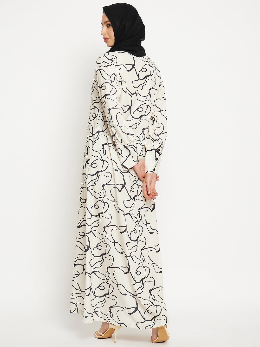 Nabia Women White Front Open printed Crepe Fabric Abaya Burqa With Georgette Scarf