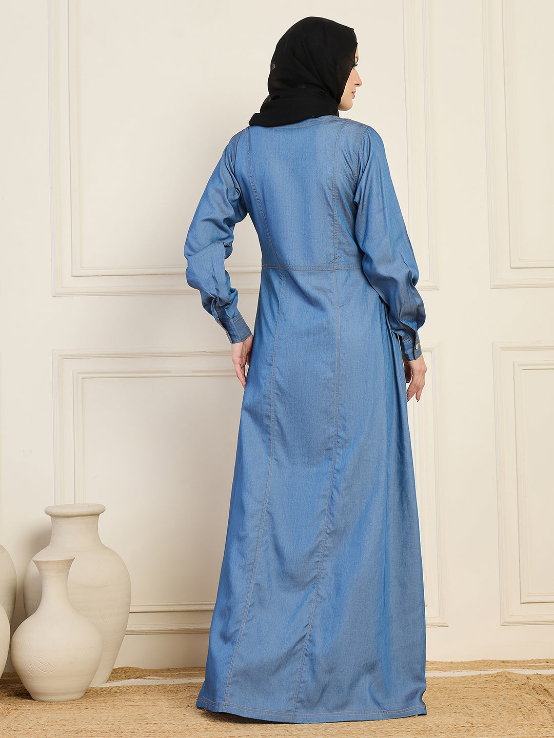 Nabia Denim Abaya With Black Georgette Hijab