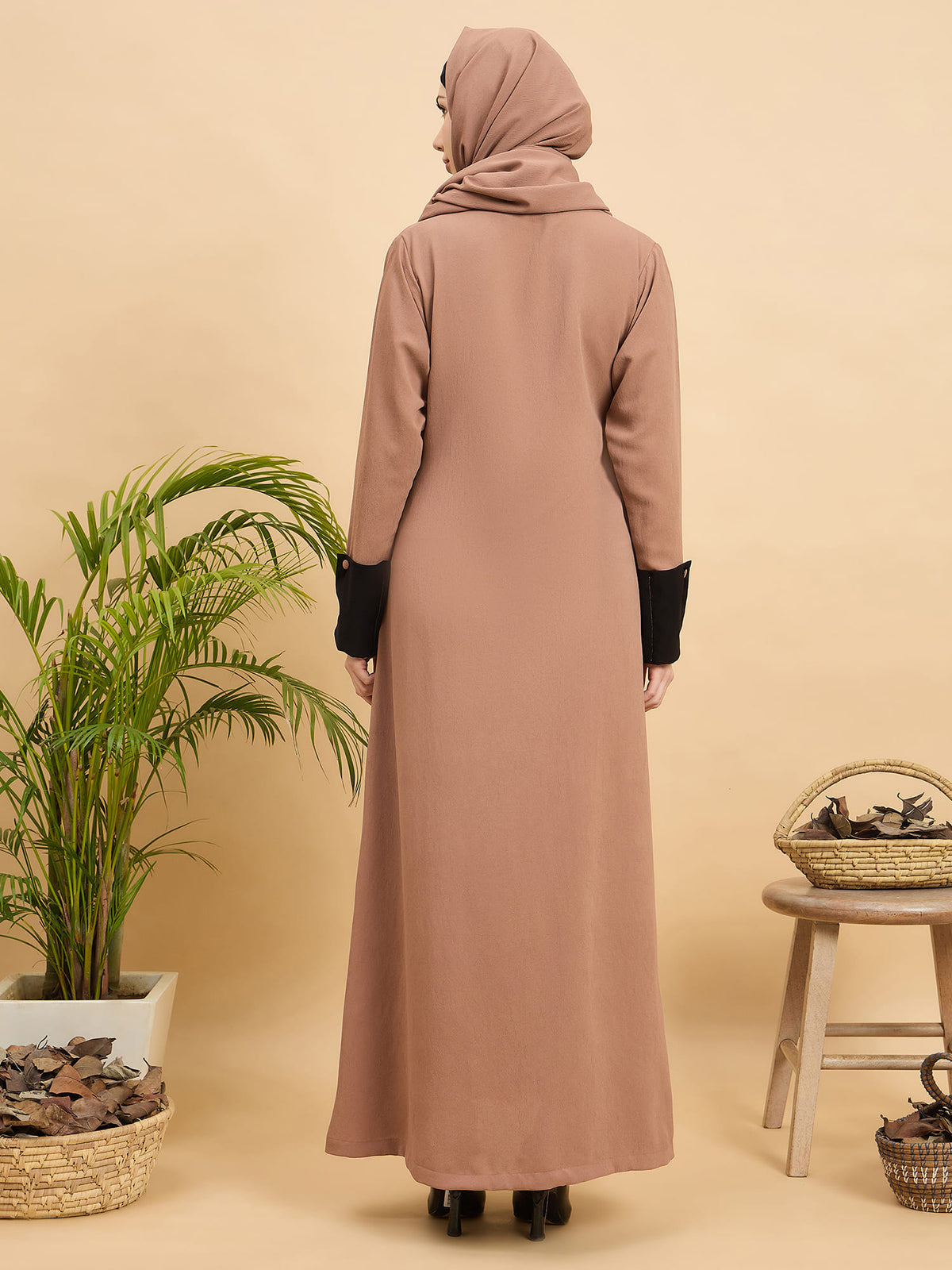 Modest Beige Front Open Coat Abaya with Matching Hijab