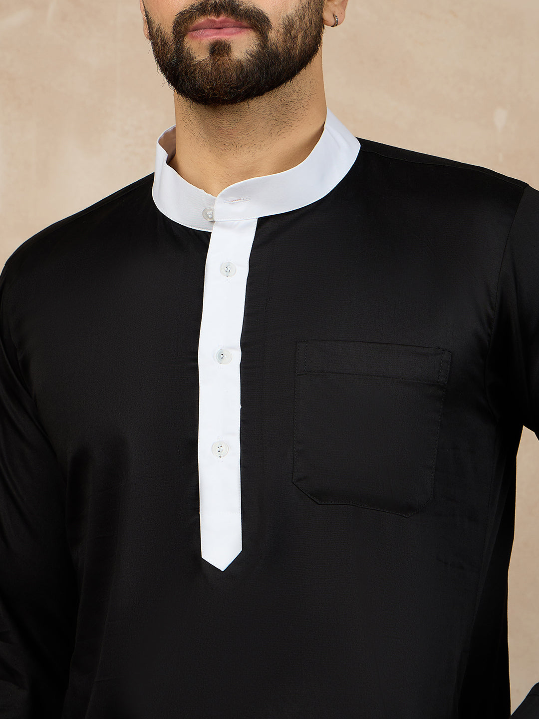 Nabia Black Solid White Piping Details Mandarin Collar Cotton Kurta For Men