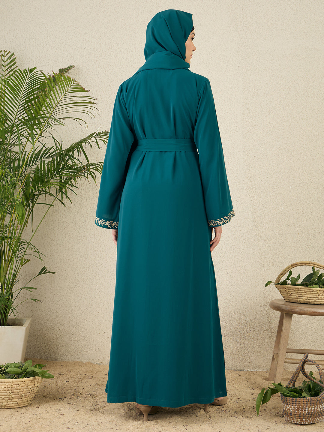 2 Piece Embroidered Green Shrug Set Abaya with Black Hijab