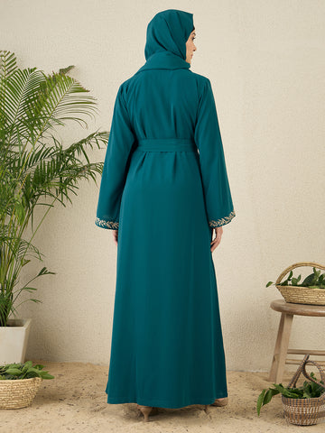 2 Piece Embroidered Green Shrug Set Abaya with Black Hijab