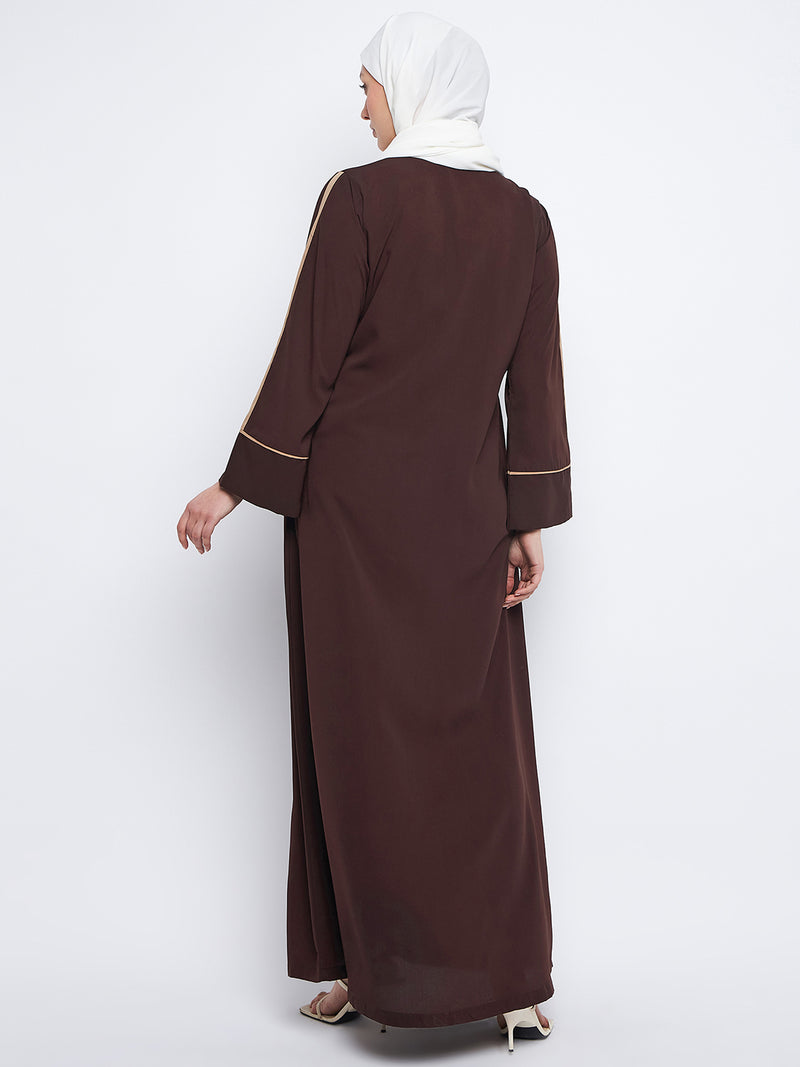 Nabia Front Open Solid Beige Piping Design Brown Abaya Burqa With Black Scarf