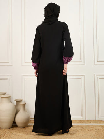 Nabia's two-colored black and pink abaya burqa with Black Georgette Hijab
