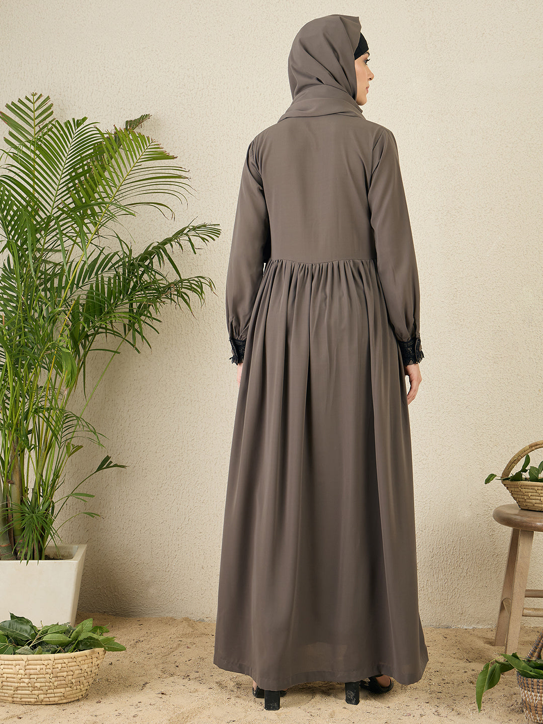Nabia Grey Lace Work Women Abaya with matching hijab