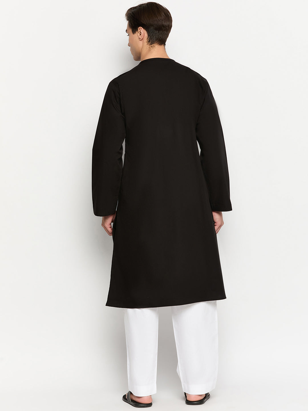 Black Solid Cotton Fabric Embroidery Details Men's Kurta Pajama Set