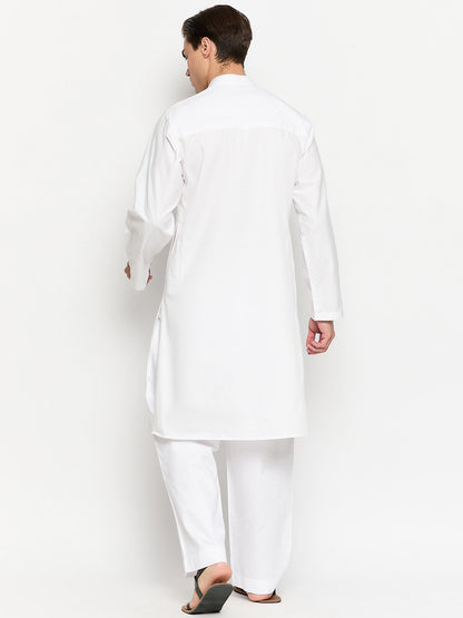 White Solid Cotton Fabric Men's Kurta Pajama Set