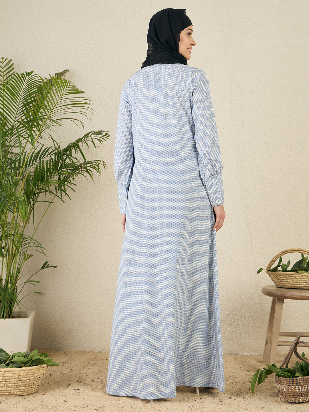 Front Open Blue Printed Abaya with Black Georgette Scarf