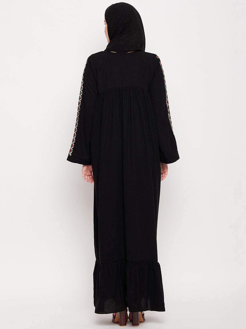 Nabia Women Black Solid Abaya Burqa With Black Georgette Scarf