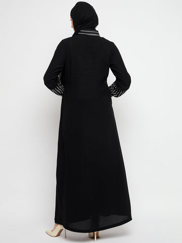 Black Nida Matte A_line Shirt Collar Abaya With Black Georgette Scarf