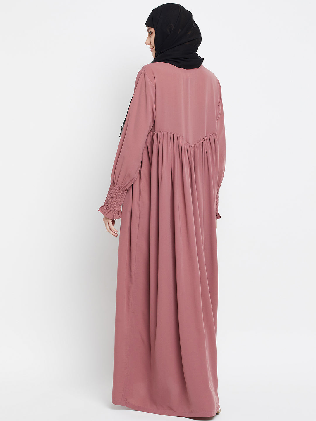Fuce Pink Solid A-line Abaya with Black Georgette Scarf