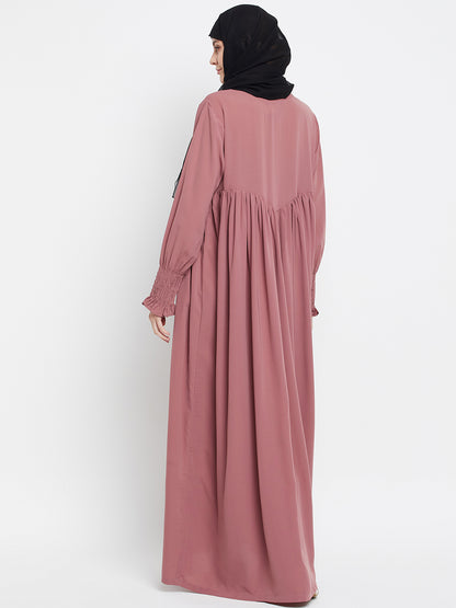 Fuce Pink Solid A-line Abaya with Black Georgette Scarf