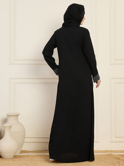 Nabia Black Front-Open Abaya with Black Georgette Hijab