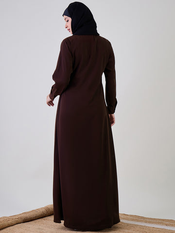 Nabia Women Embroidered Brown Abaya Burqa With Black Georgette Hijab