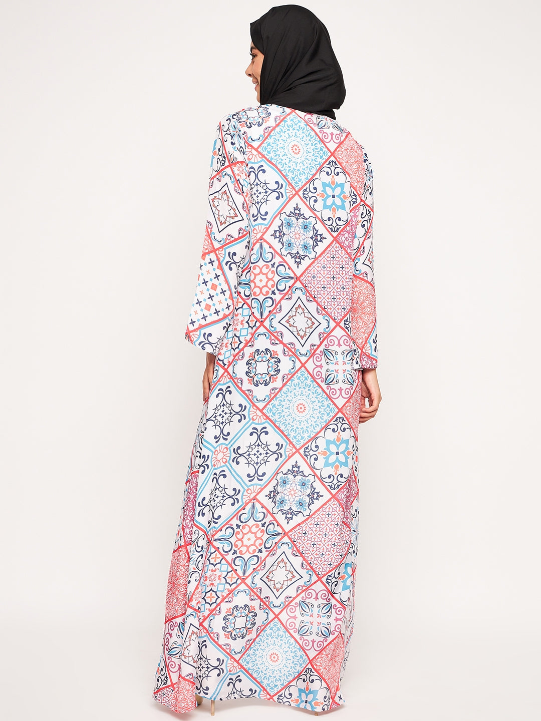 Nabia Multicolor Printed Front Open Shrug Abaya for Women with Black Scarf