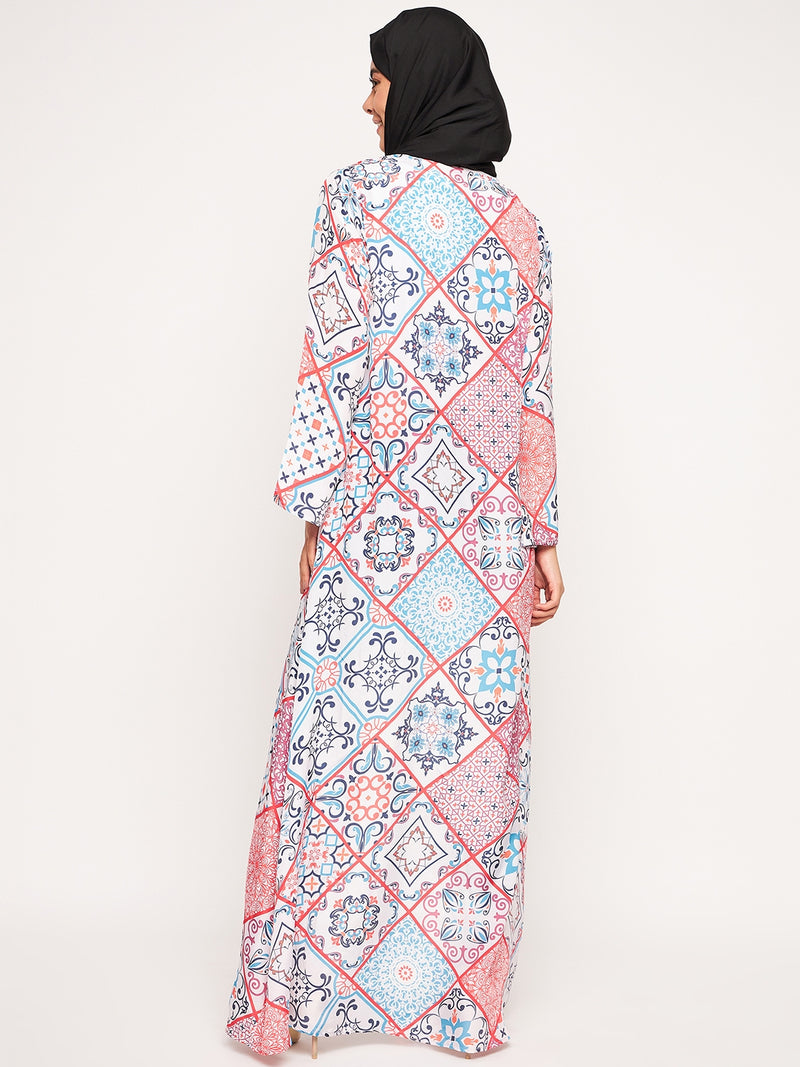 Nabia Women Multicolor Printed Front Open Shrug Abaya with Black Scarf
