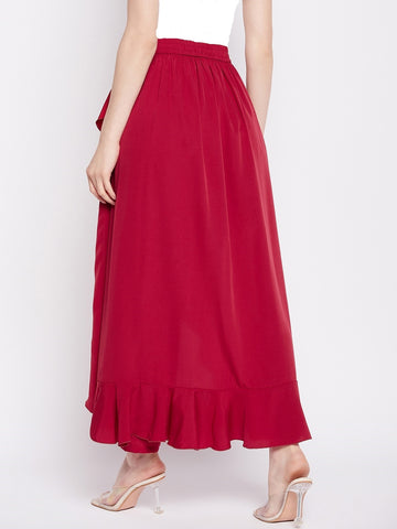 Nabia Red Solid Ruffled Flared Maxi Skirt With Attached Trousers