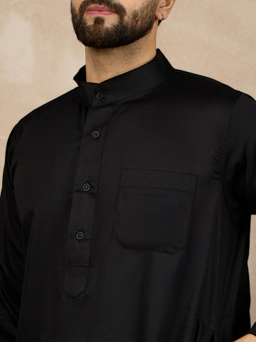 Nabia Black Mandarin Collar Cotton Jubba/Thobe