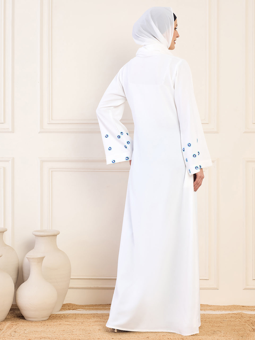Nabia White Handwork Front Open Abaya with Matching Hijab