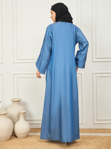 Nabia's Blue Solid Denim Abaya burqa with Black Georgette Hijab