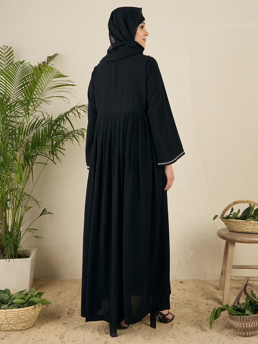 Black Embroidery Nida Matte Abaya with Black Scarf