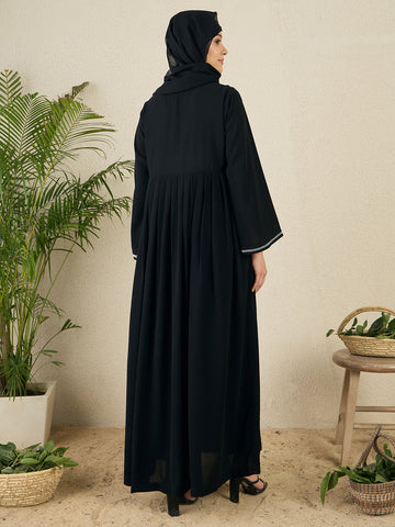 Black Embroidery Nida Matte Abaya with Black Scarf
