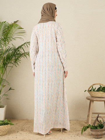 Striped Printed Front Open Abaya with Black Georgette Scarf