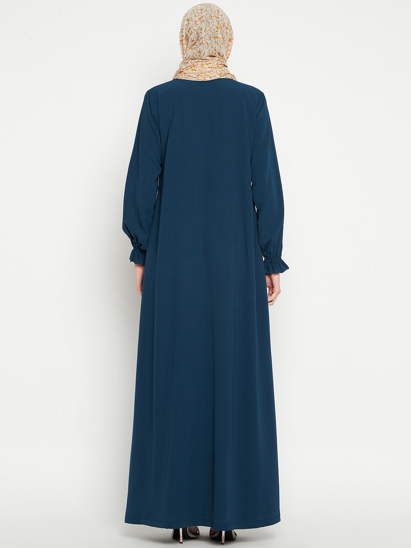 Nabia Women Teal Solid A-line Abaya Burqa With Black Georgette Scarf