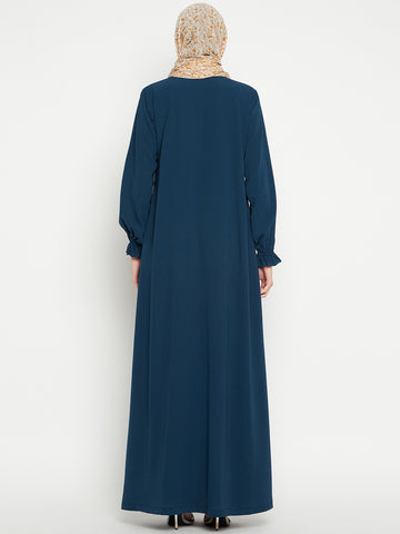 Nabia Women Teal Solid A-line Abaya Burqa With Black Georgette Scarf