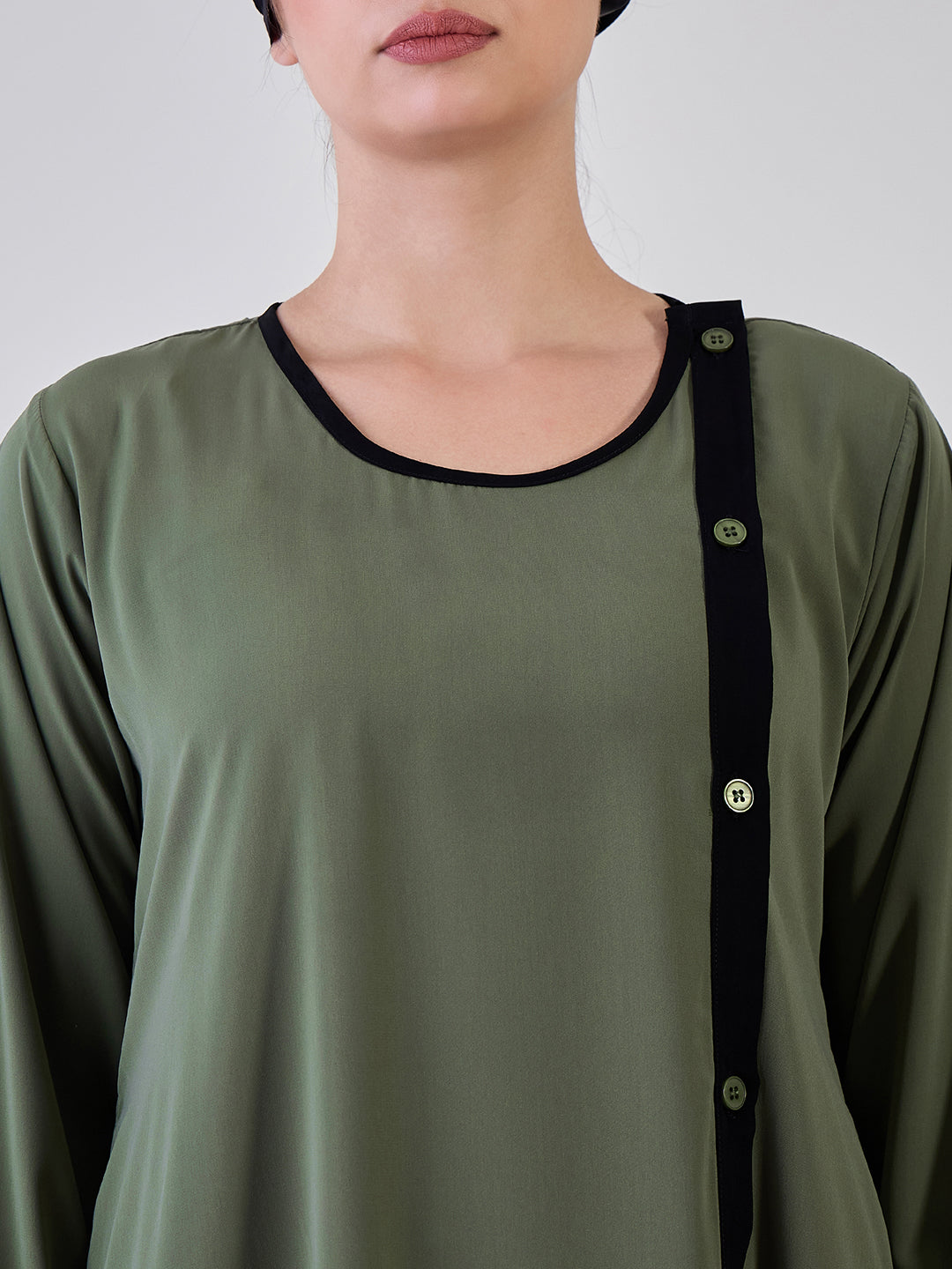 Nabia Women Jade Green Solid Front Open Abaya Burqa With Black Georgette Hijab
