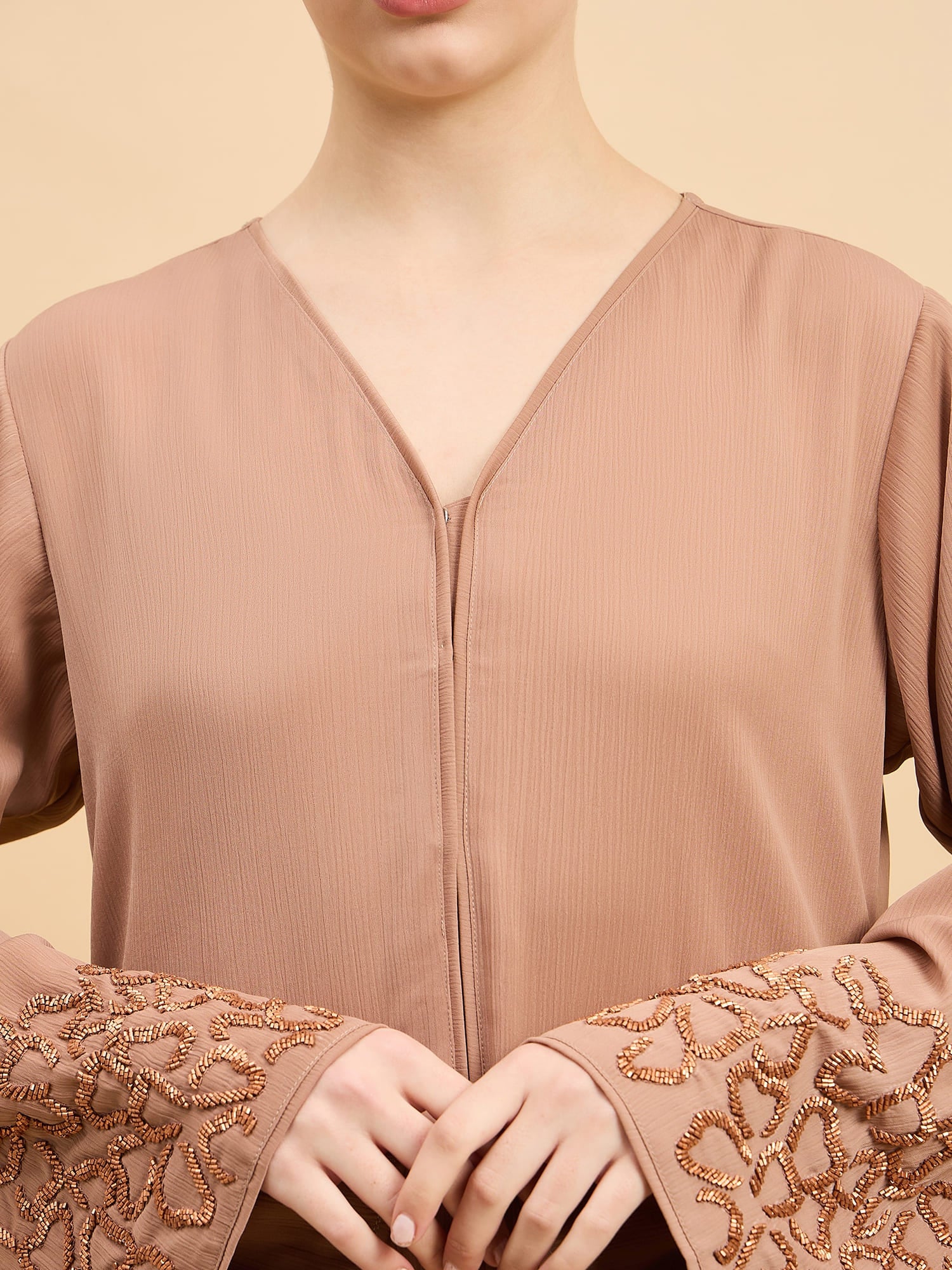 Modest Handworked Luxury Beige Abaya Burqa with Matching Hijab