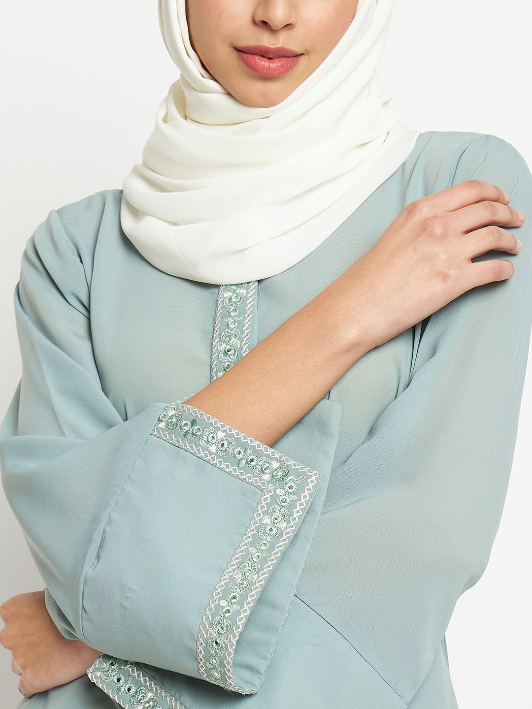 Nabia Embroidery Work Front Open Abaya with Black Scarf