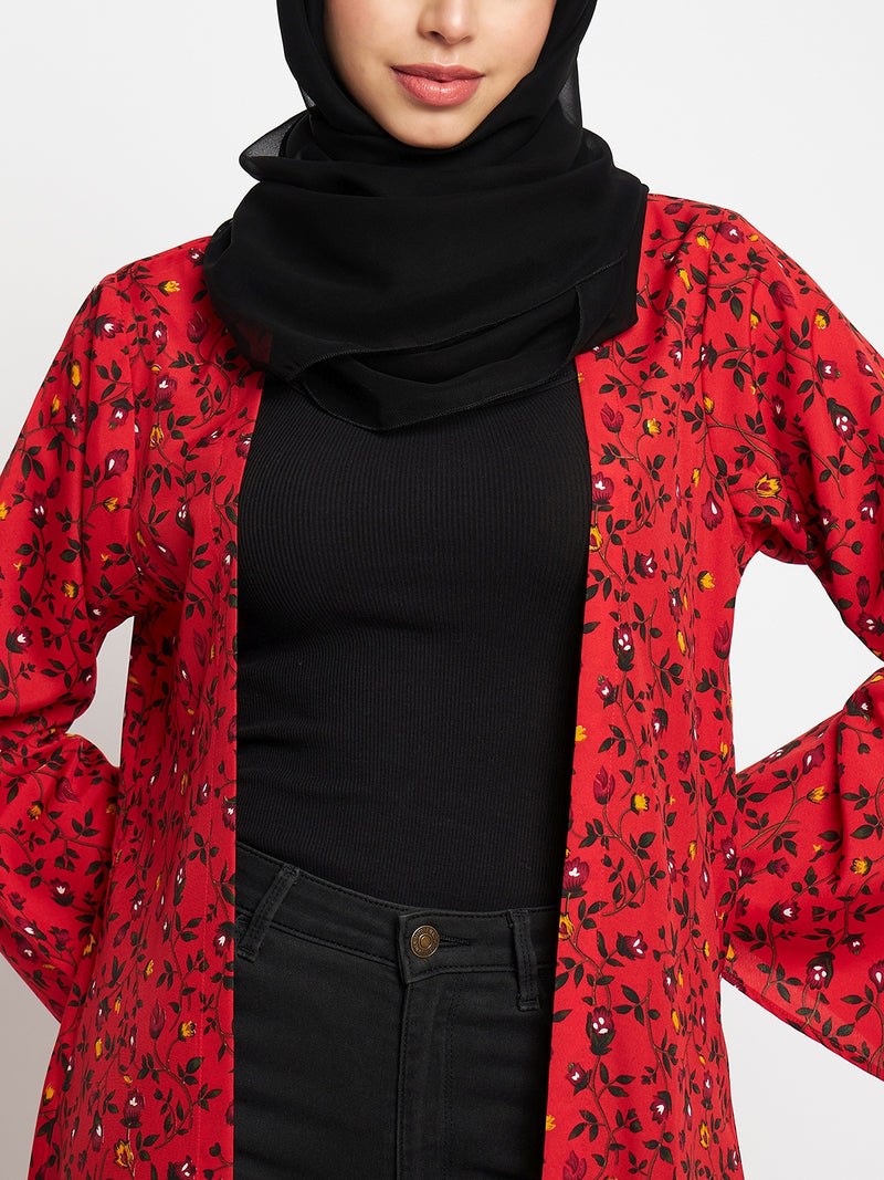 Nabia Women Red Floral Printed Front Open Shrug Abaya With Black Scarf