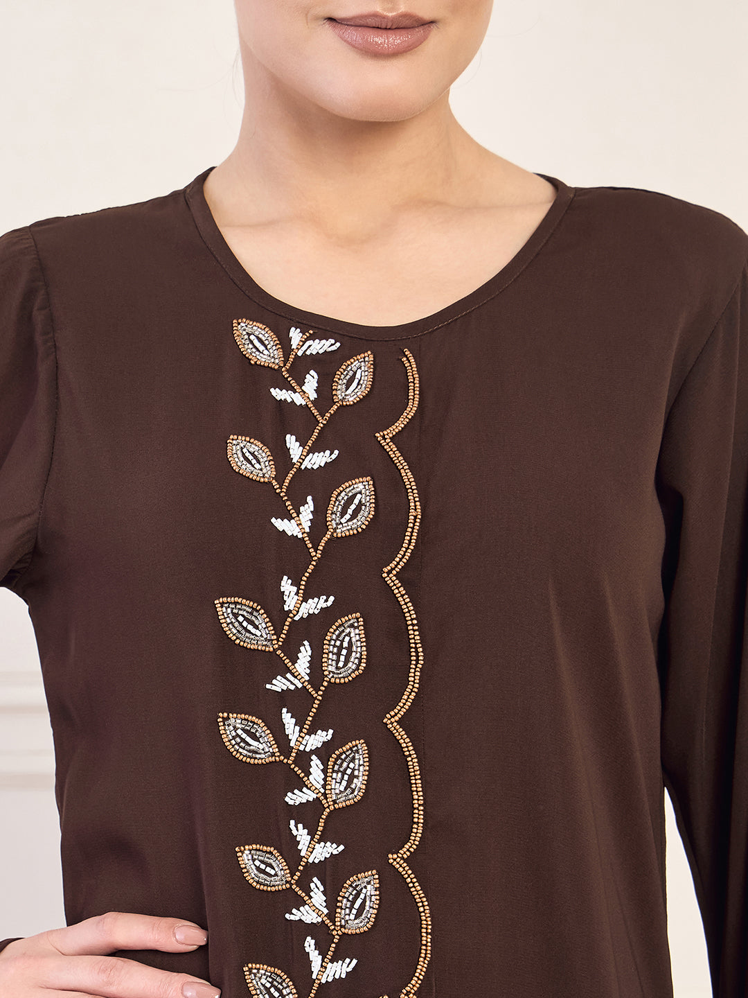 Nabia Brown Solid Hand Work Detailing Luxury Abaya Burqa For Women With White Hijab
